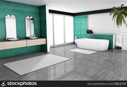 Bathroom home interior with modern fixtures, bathtub and contemporary design with emerald aquamarine granite tiles and wooden floor, 3d render.