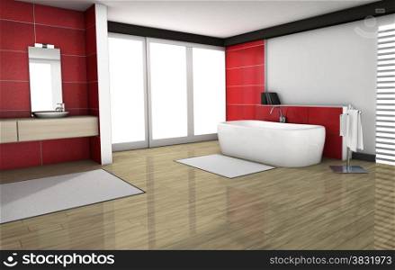 Bathroom home interior with modern fixtures, bathtub and contemporary design with red granite tiles and wooden floor, 3d render.