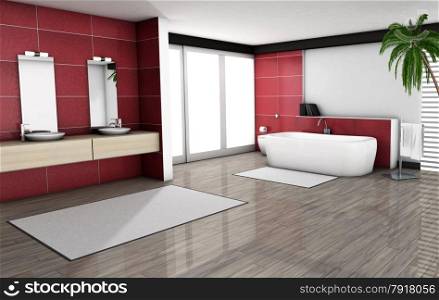 Bathroom home interior with modern fixtures, bathtub and contemporary design with red granite tiles and wooden floor, 3d render.