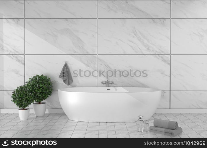 Bathroom interior bathtub in ceramic tile floor on granite tiles wall background - empty white concept. 3d rendering,mock up