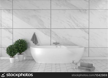 Bathroom interior bathtub in ceramic tile floor on granite tiles wall background - empty white concept. 3d rendering,mock up