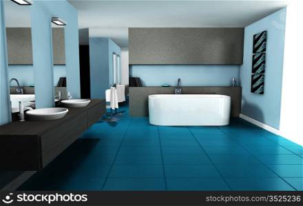 Bathroom interior design with contemporary furniture colored in blue cyan, 3d rendering.