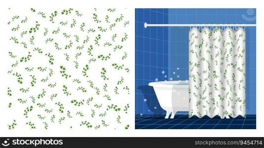 Bathroom interior with bathtub and curtain decorated with thin birch twigs and green leaves pattern. Floral ornament. Vector illustration, ornament for design of posters and printing on fabrics