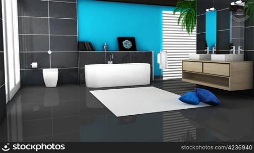 Bathroom interior with modern and contemporary design and furniture with granite tiles and big windows, 3d rendering.