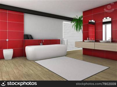 Bathroom interior with modern fixtures, bathtub and contemporary design with red granite tiles and wooden floor, 3d render.