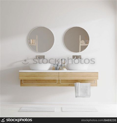 bathroom interior with round mirror, double sink and light wooden cabinets, 3d rendering