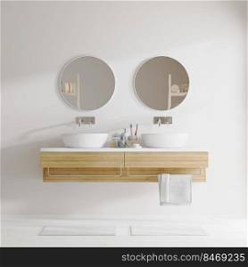 bathroom interior with round mirror, double sink and light wooden cabinets, 3d rendering