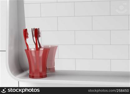 Bathroom mirror and two red toothbrushes, close up
