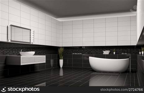 Bathroom with black white walls interior 3d render
