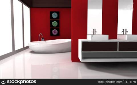 Bathroom with contemporary design and furniture colored in red and white, 3d rendering.