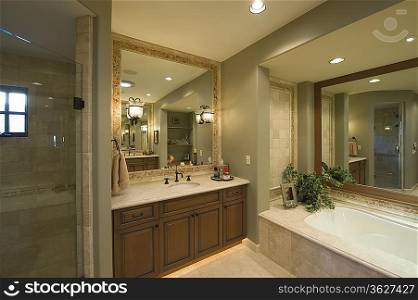 Bathroom with square mirror in Palm Springs home