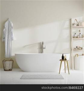 bathroom with tub, wooden shelves with bath accesories, bathrobe, 3d rendering