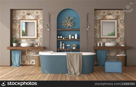 Bathroom with two sinks and bathtub on hardwood floor and niche with shelves on background - 3d rendering. Elegant bathroom with two sinks and bathtub in the center