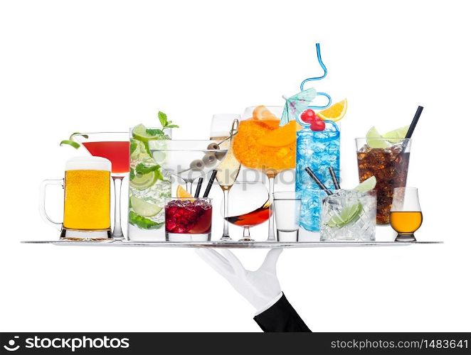 Batler waiter wearing white glove tray with various cocktails with ice isolated on white background.Blue lagoon, martini, negroni, mojito, spritz, gimlet, cuba libre, cosmopolitan, margarita.