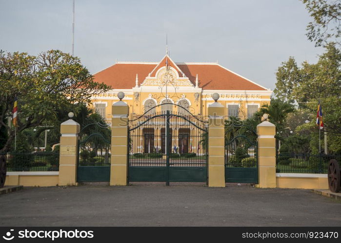 Battambang Provincial Hall at the river front in the old town in the city centre of Battambang in Cambodia. Cambodia, Battambang, November, 2018. CAMBODIA BATTAMBANG PROVINCIAL HALL