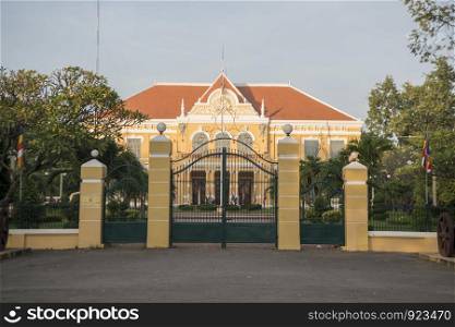 Battambang Provincial Hall at the river front in the old town in the city centre of Battambang in Cambodia. Cambodia, Battambang, November, 2018. CAMBODIA BATTAMBANG PROVINCIAL HALL