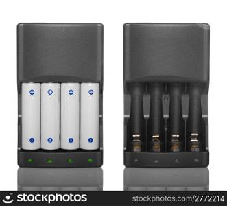 Battery charger with batteries and without batteries isolated on white