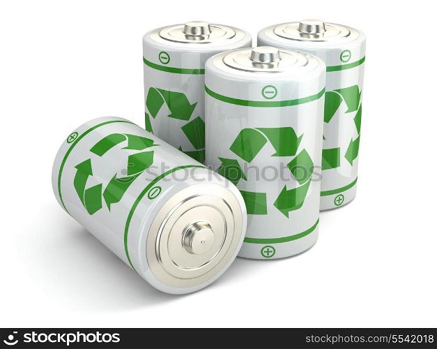Battery green recycling concept. Batteries on white isolated background. 3d