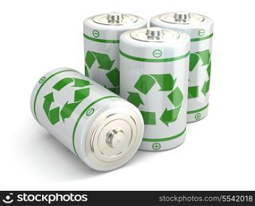 Battery green recycling concept. Batteries on white isolated background. 3d