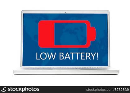 battery is getting low on modern laptop isolated on white background