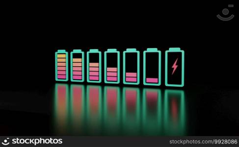 Battery level icon with reflection, battery indicator symbol, charging or discharge power, 3D rendering illustration