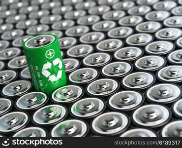 Battery recycling concept. Green energy, Background from battaries and one with green recycling sign. 3d illustration