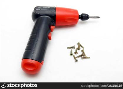 battery wireless screwdriver and set of screw on white