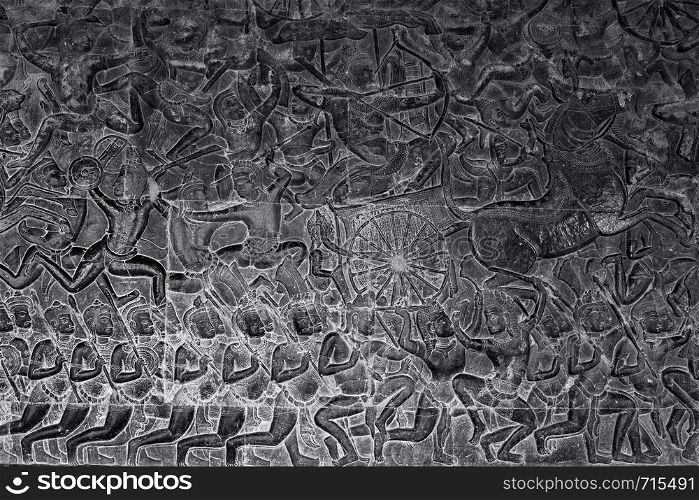 Battle - bas relief in Angkor Wat in Cambodia. Ancient khmer art
