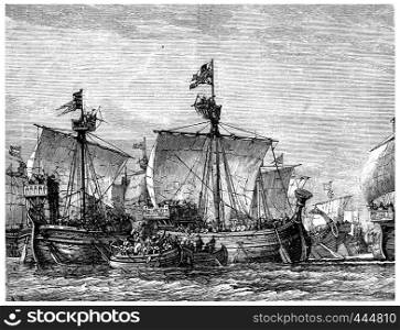 Battle between old English and French fleets, vintage engraved illustration. Journal des Voyage, Travel Journal, (1880-81).