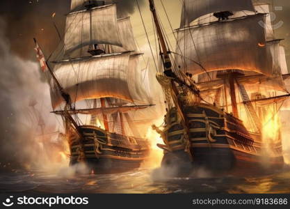 battle between two pirate ships, cannons blazing and smoke billowing, created with generative ai. battle between two pirate ships, cannons blazing and smoke billowing
