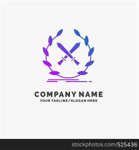 battle, emblem, game, label, swords Purple Business Logo Template. Place for Tagline.. Vector EPS10 Abstract Template background