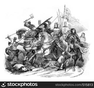 Battle of Bouvines, vintage engraved illustration. Magasin Pittoresque 1844.