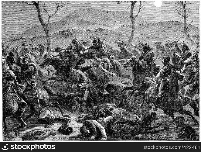 Battle of Eckmuhl, vintage engraved illustration. History of France ? 1885.