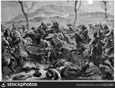 Battle of Eckmuhl, vintage engraved illustration. History of France ? 1885.