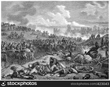Battle of Leipzig, the first day, vintage engraved illustration. History of France ? 1885.