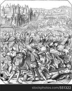 Battle of Nancy, Print the eighteenth century, according to a miniature time, vintage engraved illustration. Magasin Pittoresque 1867.