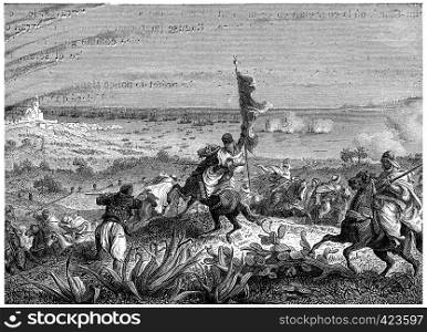 Battle of Staoueli, vintage engraved illustration. History of France ? 1885.