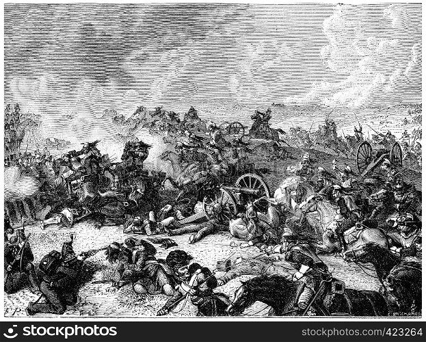 Battle of Waterloo Ney charge the land of cuirassiers, vintage engraved illustration. History of France ? 1885.