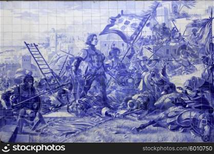Battle scene made from blue tiles at railway station of Porto, Portugal&#xA;