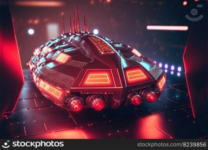 Battle spaceship with neon lights. Futuristic flight in space. Background with sci-fi spacecraft. Generated AI. Battle spaceship with neon lights. Futuristic flight in space. Background with sci-fi spacecraft. Generated AI.