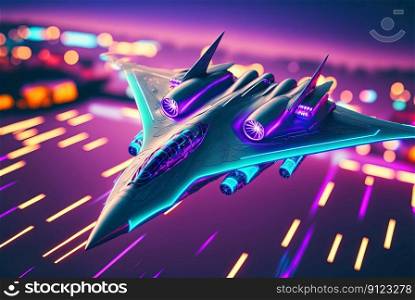 Battle spaceship with neon lights. Futuristic flight in space. Background with sci-fi spacecraft. Generated AI