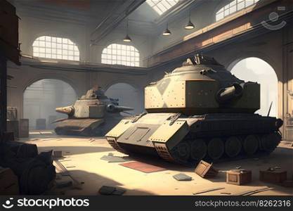 battle tank at a military base in a hangar, an industrial plant. Neural network AI generated art. battle tank at a military base in a hangar, an industrial plant. Neural network AI generated