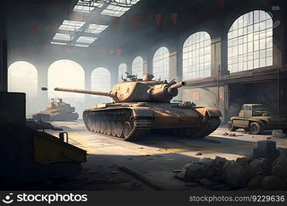 battle tank at a military base in a hangar, an industrial plant. Neural network AI generated art. battle tank at a military base in a hangar, an industrial plant. Neural network AI generated