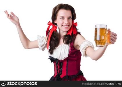 Bavarian girl with tray on white