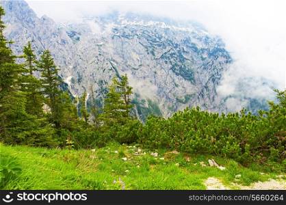 Bavarian landscape at Alps with low clouds