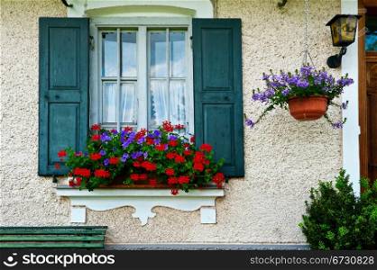 Bavarian Window with Open Wooden Shutters, Decorated With Fresh Flowers