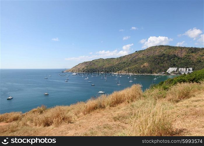 Bay and yachts. Panoramic view of beautiful landscape in Thailand with yachts in little bay harbor