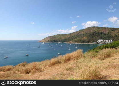 Bay and yachts. Panoramic view of beautiful landscape in Thailand with yachts in little bay harbor