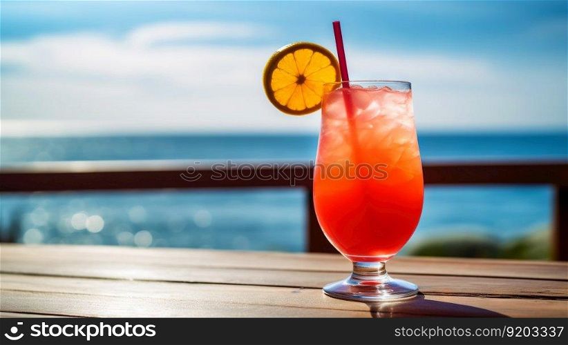 Bay Breeze cocktail on background with blue sea and sky tropical background. Generative AI.. Bay Breeze cocktail on background with blue sea and sky tropical background. Generative AI