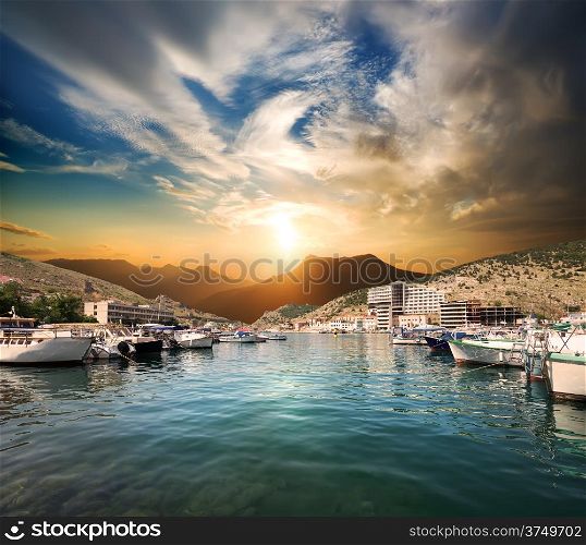 Bay of Balaclava with boats at sunset